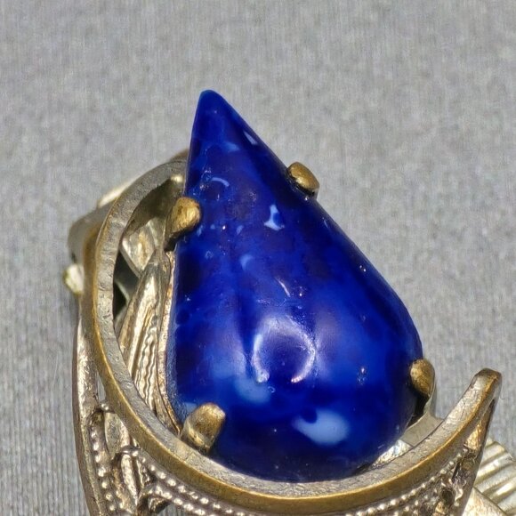 VTG West German Silver Filigree Clip-On Earrings 1.25" Blue Glass Stone 1950s - Picture 3 of 10